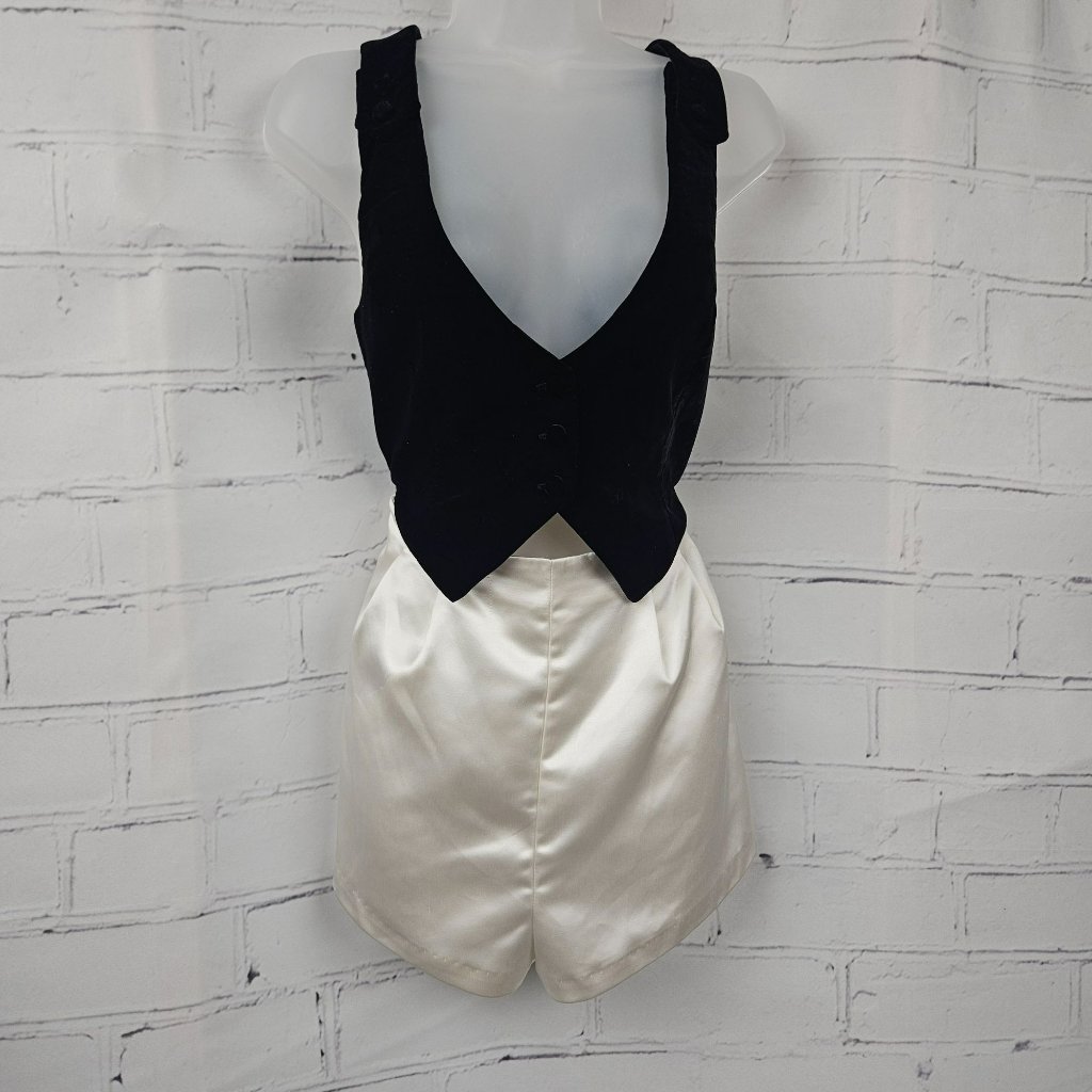 For Love & Lemons Black Velvet White Satin Romper Tie Back Womens M